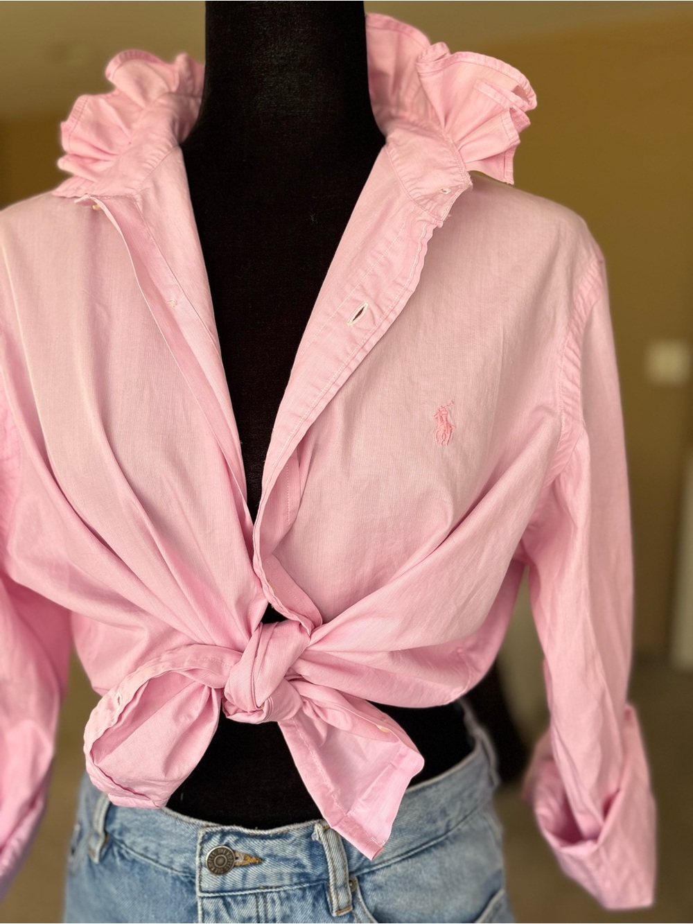 Reworked Ralph Lauren Pink Ruffled-Collar Button-Down Top size L